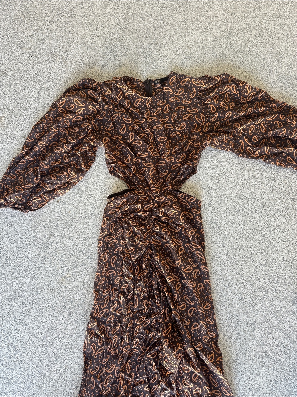 Maje Brown Paisley Long-Sleeve Ruched Midi Dress